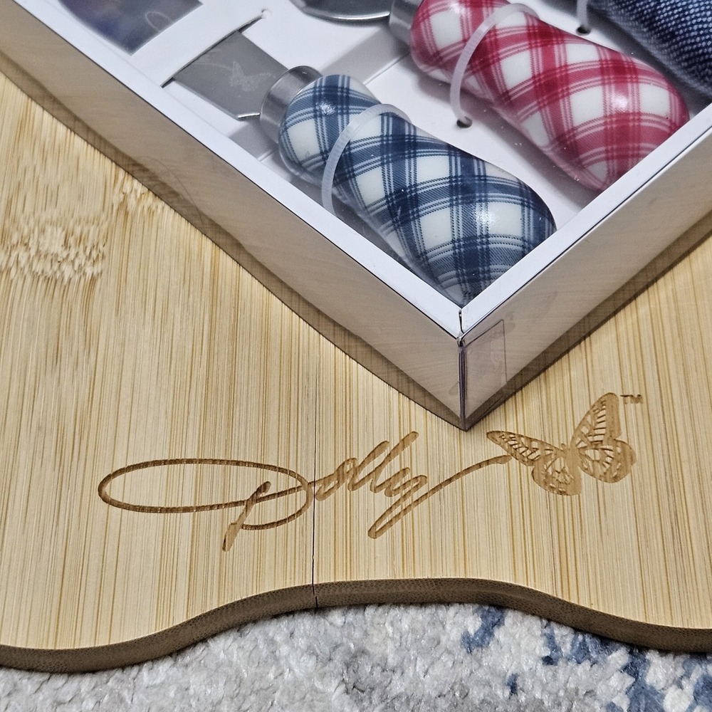 Dolly Parton Cheese Board Set Multi Apple Bamboo Plaid Butterfly 4pc NEW - Picture 2 of 5